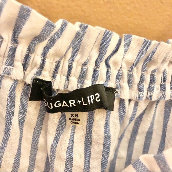 SugarLips Boho Cold Shoulder Tassel Lace Stripe Top Blue White XS - Picture 3 of 6